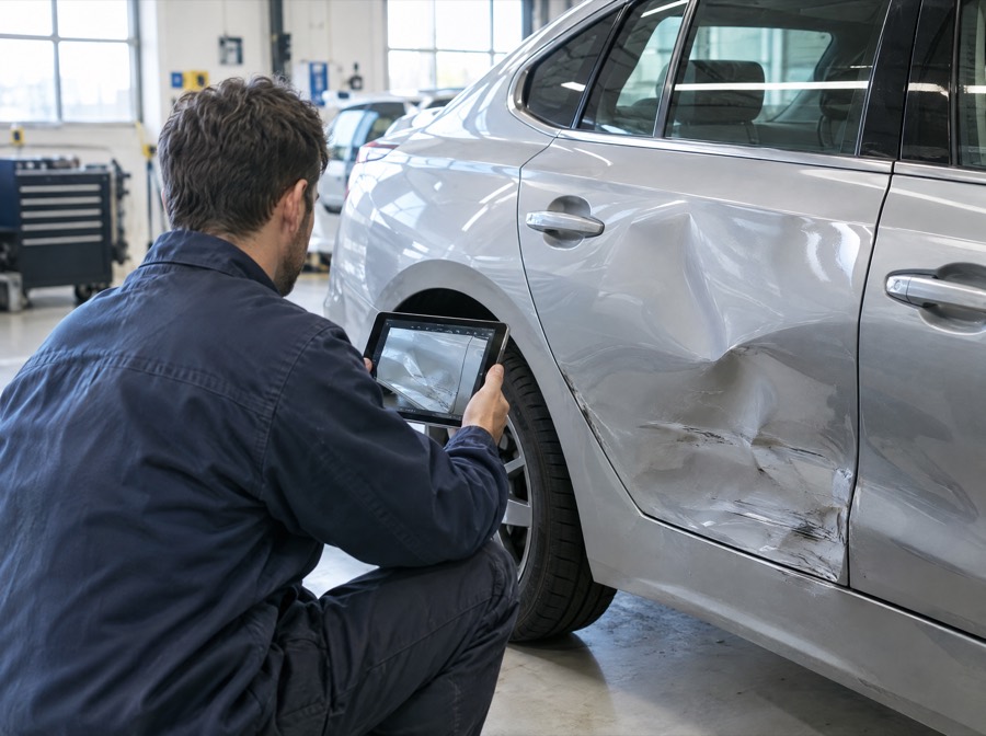 Sachverständiger dokumentiert eine eingedrückte Autotür